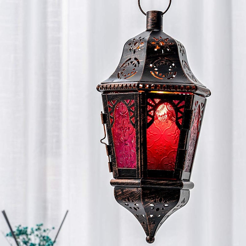 DECORKEY Moroccan Decorations, Lantern Decorative Indoor & Outdoor, 13.6â€™â€™ Vintage Decorative Hanging Lantern with Chian for Home Porch Patio Decor, Metal Ramadan Christmas Candle Holders(Plum Red) - Image 2