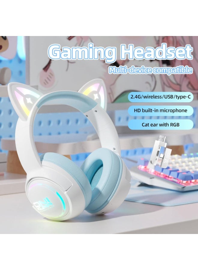 onikuma GT838 Wireless Cat Ear Headphones with RGB Lights – Tri-Mode Gaming Headset with Mic, 2.4G Wireless, Bluetooth & Wired, Over Ear, 50mm Drivers, Low Latency, Type-C, Long Playtime Blue - Image 4