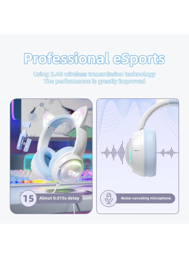 onikuma GT838 Wireless Cat Ear Headphones with RGB Lights – Tri-Mode Gaming Headset with Mic, 2.4G Wireless, Bluetooth & Wired, Over Ear, 50mm Drivers, Low Latency, Type-C, Long Playtime Blue - Image 3