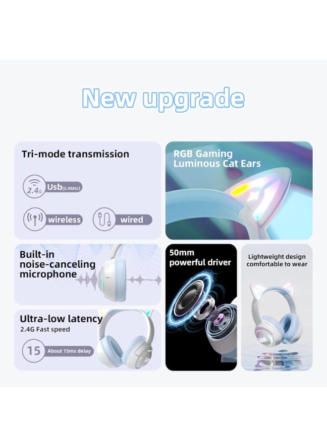 onikuma GT838 Wireless Cat Ear Headphones with RGB Lights – Tri-Mode Gaming Headset with Mic, 2.4G Wireless, Bluetooth & Wired, Over Ear, 50mm Drivers, Low Latency, Type-C, Long Playtime Blue - Image 5