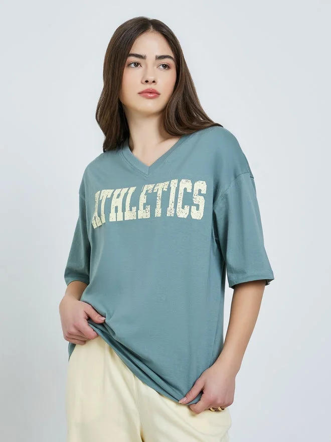 Styli Styli Green Oversized Athletics Print Cotton T-Shirt