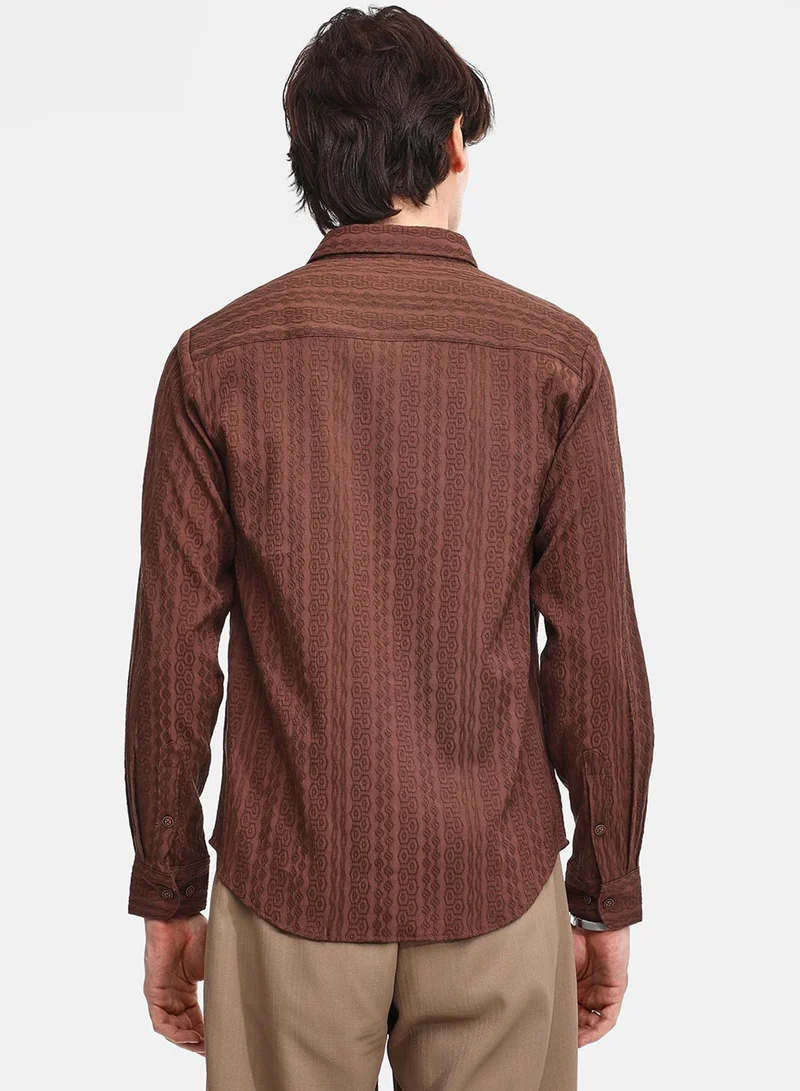 Campus Sutra Campus Sutra Men's Chocolate Brown Geometric-Textured Knit Shirt For Casual Wear | Spread Collar | Long Sleeve | Button Closure | Shirt Crafted With Comfort Fit For Everyday Wear