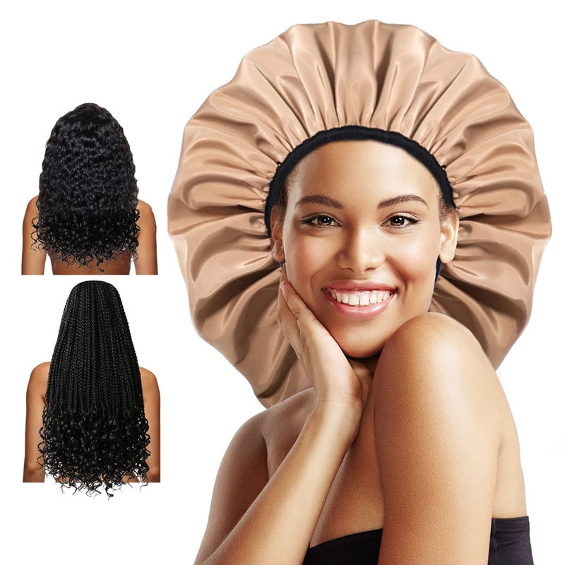 Auban Extra Large Shower Cap for Braids DoubleLayer Waterproof Reusable Satin Lining XL Shower Cap for Women Long Hair Locs perms khaki