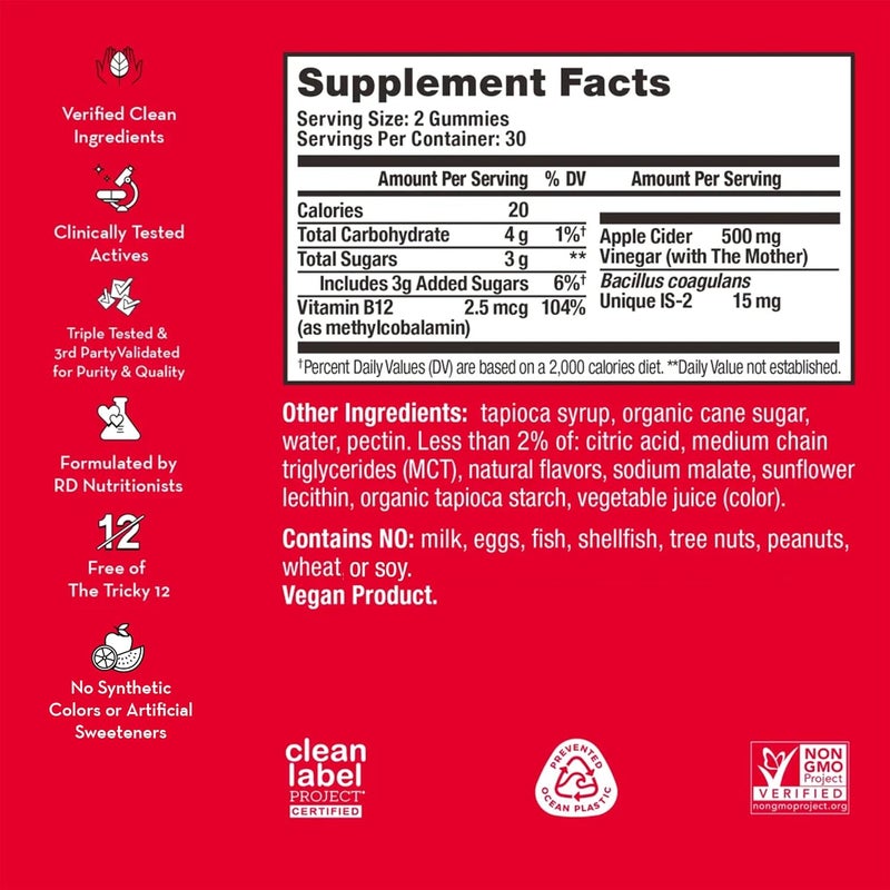 HUM Pro ACV Gummies 100 Organic Apple Cider Vinegar with The Mother Probiotics for Digestive Health  B12 for Metabolism Support 60 Count - Image 2