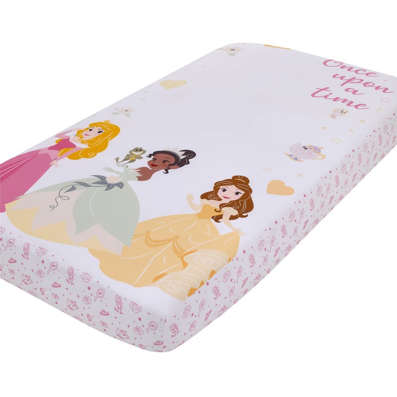 NoJo Disney Princess Make A Wish Pink White and Yellow Once Upon a Time Nursery Photo Op Fitted Crib Sheet