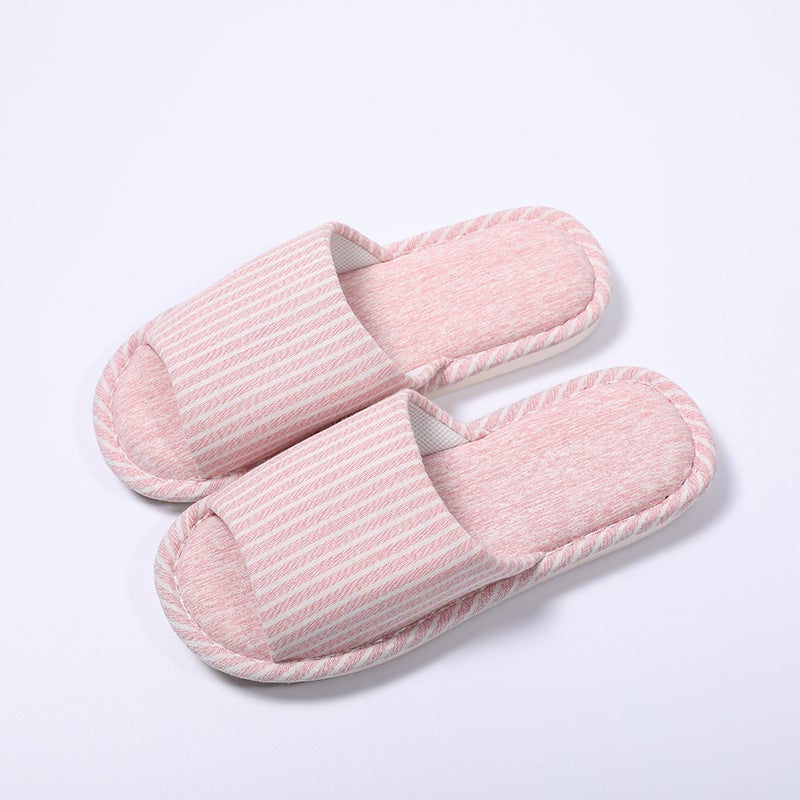 Household Home Non-Slip Soft Bottom Four Seasons Linen Slippers Mens Home Indoor Cotton and Linen Cloth Slippers Womens Summer Outer Wear Pink (thin vertical strips)