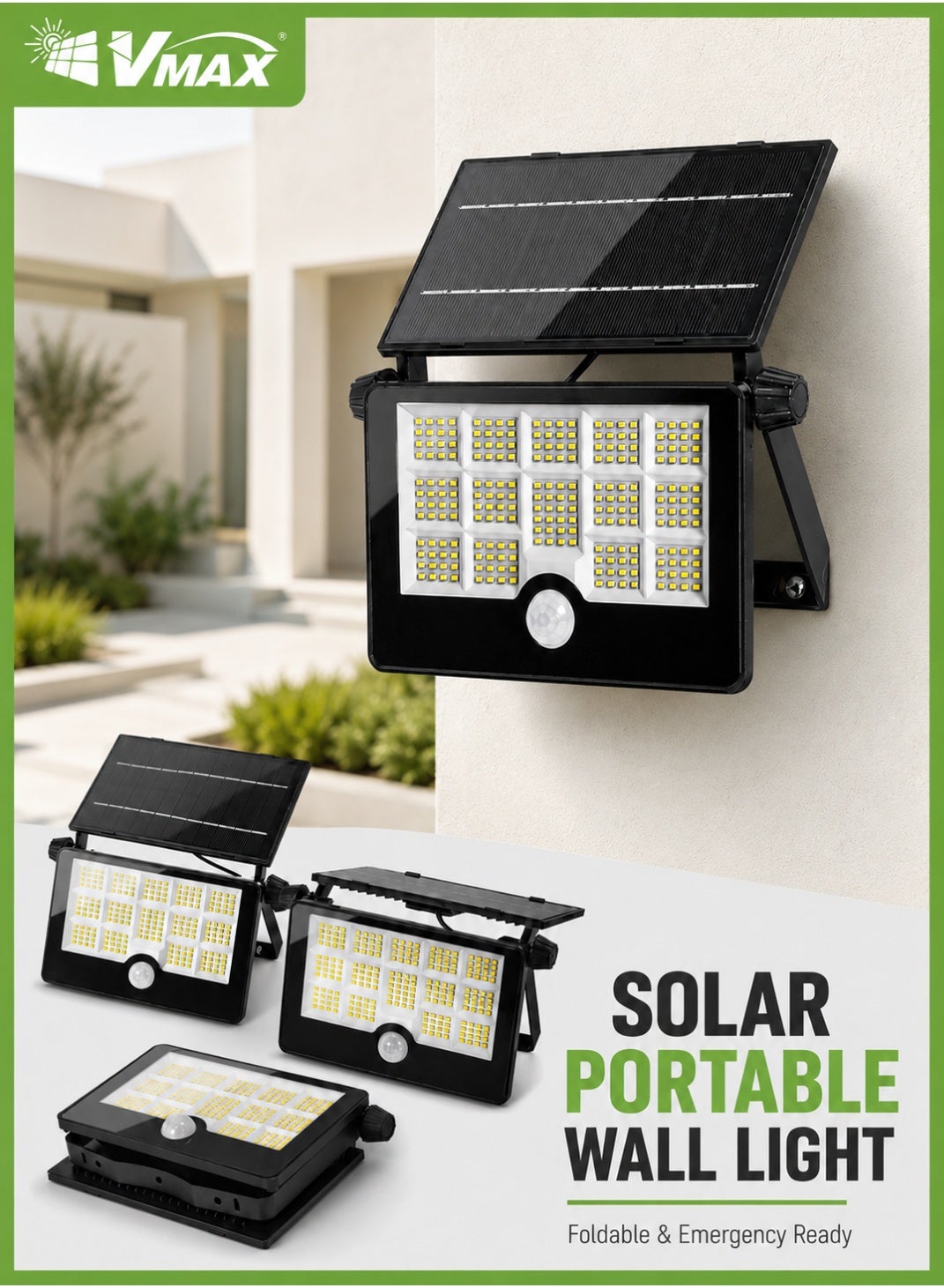 LED Solar Flood Light – 6500K Cool White, Foldable & Portable Outdoor Wall Light, IP65 Waterproof, USB Charging, On/Off Switch – Solar Camping Light for Courtyard, Travel, Villas, Emergency Use