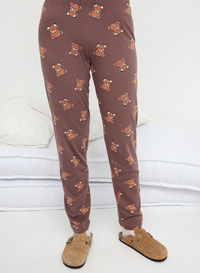 trendyol Beige-Multicolor Cotton Teddy Bear Printed Lycra Knitted Pajama Set - Image 3