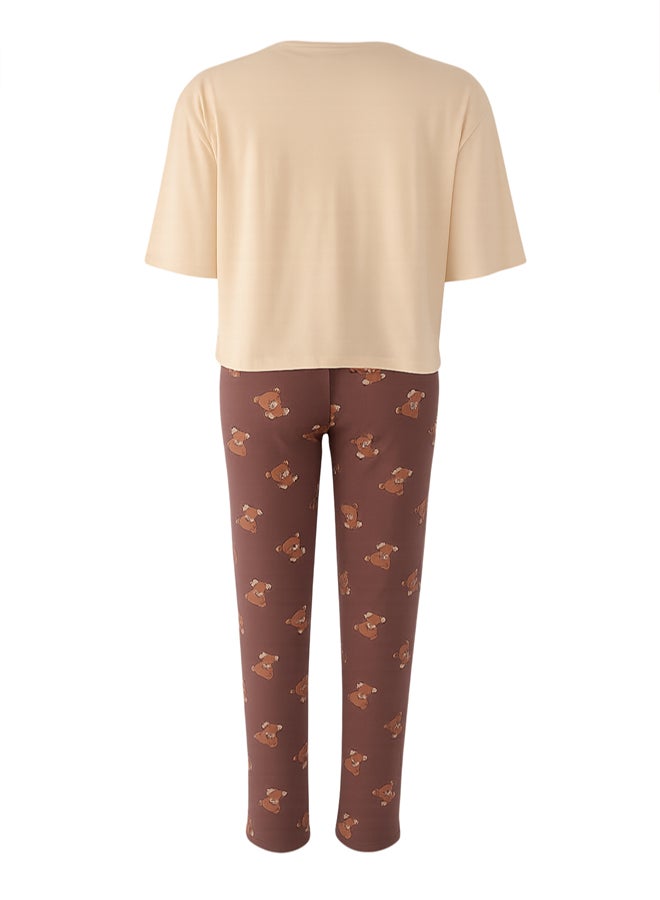 trendyol Beige-Multicolor Cotton Teddy Bear Printed Lycra Knitted Pajama Set - Image 5