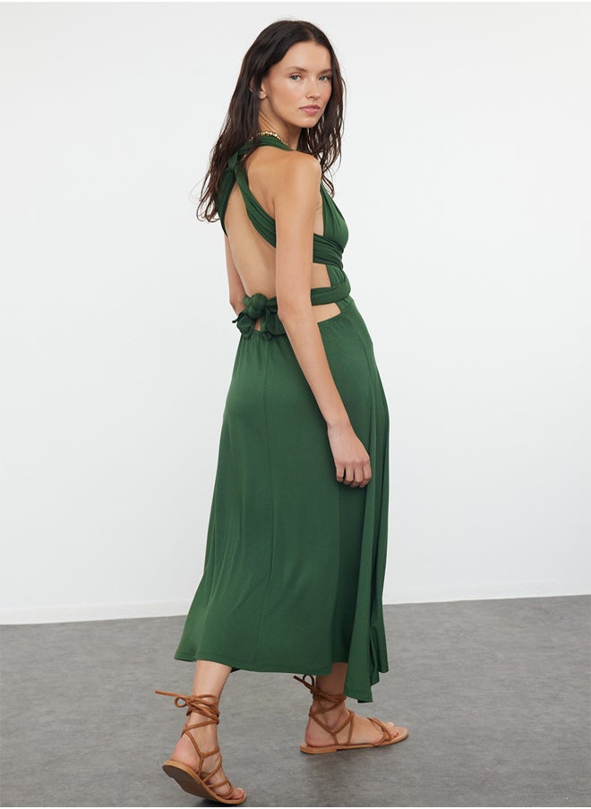 trendyol - Khaki Midi Knitted Tie-Up Beach Dress TBESS24EL00162 - Image 1
