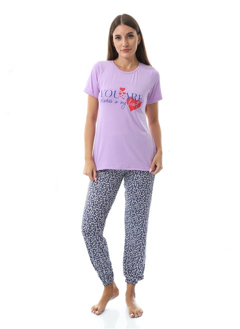 Women Pajama Set With Half Sleeves And Printed Photo