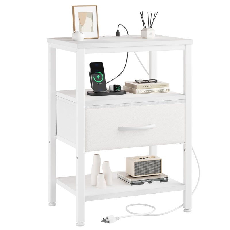 DUMOS Bedside Table with Charging Station and Adjustable Fabric Drawer Compact Nightstand 3-Tier Storage Organizer End Table for Bedroom,White - Image 1