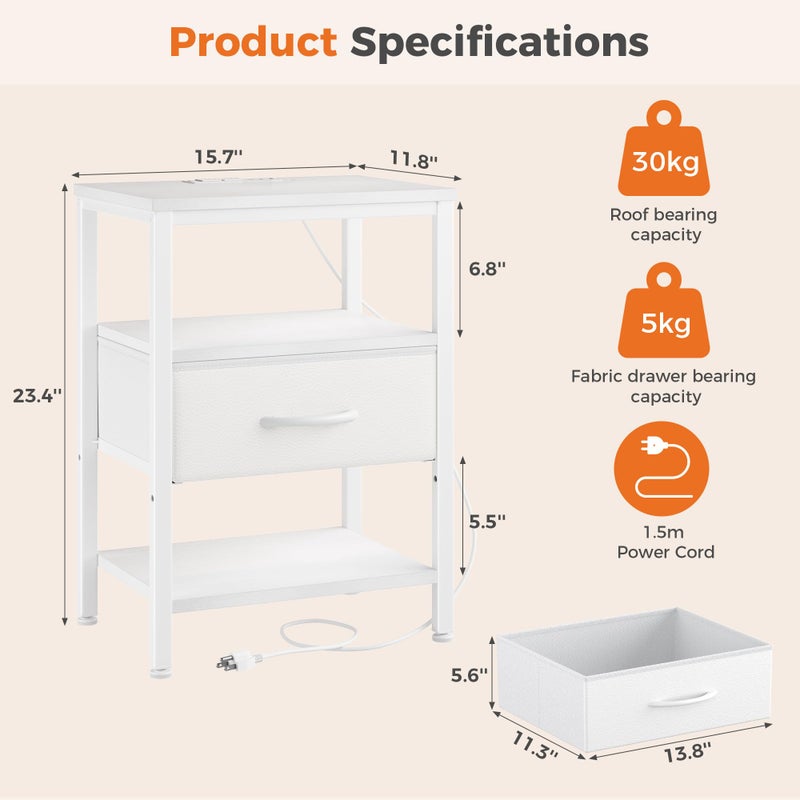 DUMOS Bedside Table with Charging Station and Adjustable Fabric Drawer Compact Nightstand 3-Tier Storage Organizer End Table for Bedroom,White - Image 2
