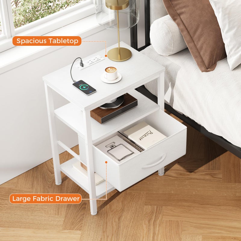 DUMOS Bedside Table with Charging Station and Adjustable Fabric Drawer Compact Nightstand 3-Tier Storage Organizer End Table for Bedroom,White - Image 3