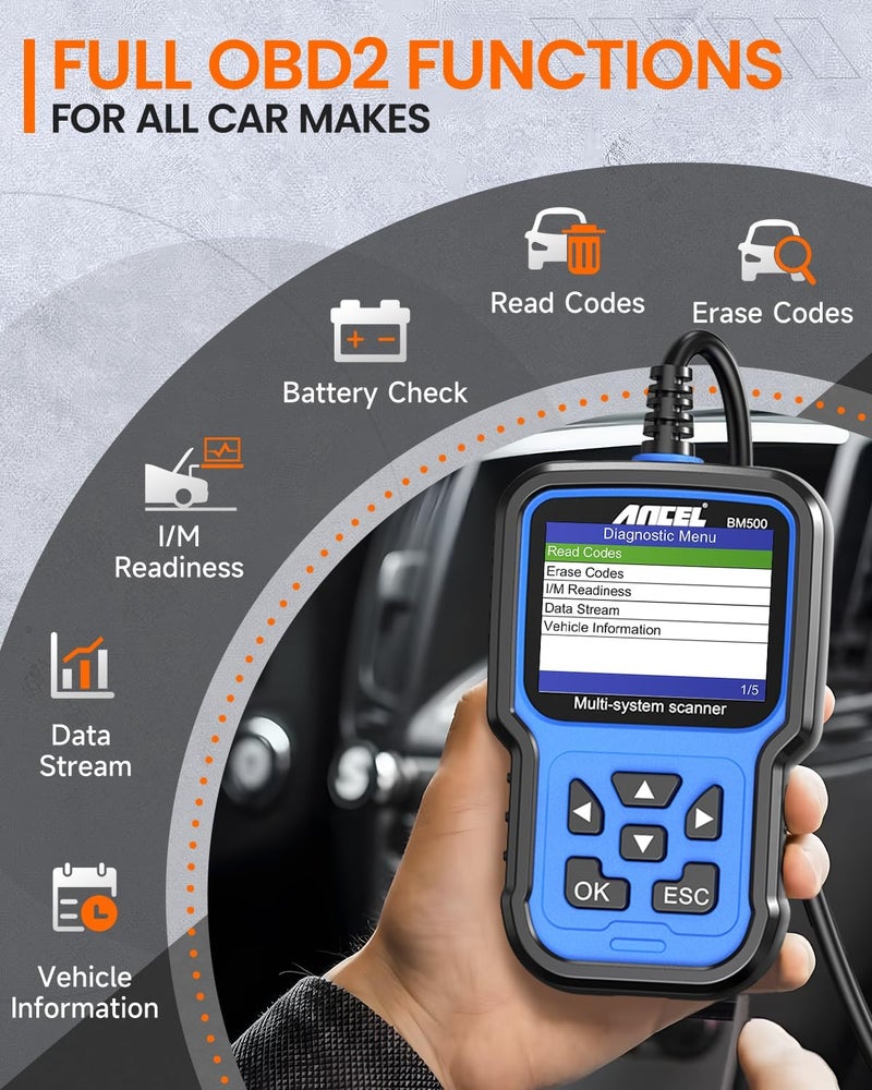 Ancel BM500 Battery Registration Tool Fits for BMW Mini - All Systems OBD2 Scanner with Engine, ABS, SRS, ESP, SAS System Diagnosis, Car Code Reader for CBS, EPB, ETC, BMS, PCM, Oil Reset - Image 5