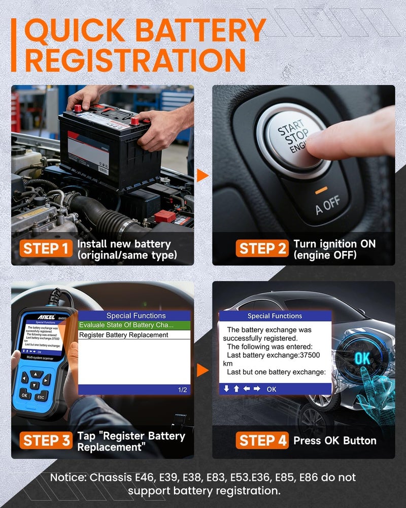 Ancel BM500 Battery Registration Tool Fits for BMW Mini - All Systems OBD2 Scanner with Engine, ABS, SRS, ESP, SAS System Diagnosis, Car Code Reader for CBS, EPB, ETC, BMS, PCM, Oil Reset - Image 4
