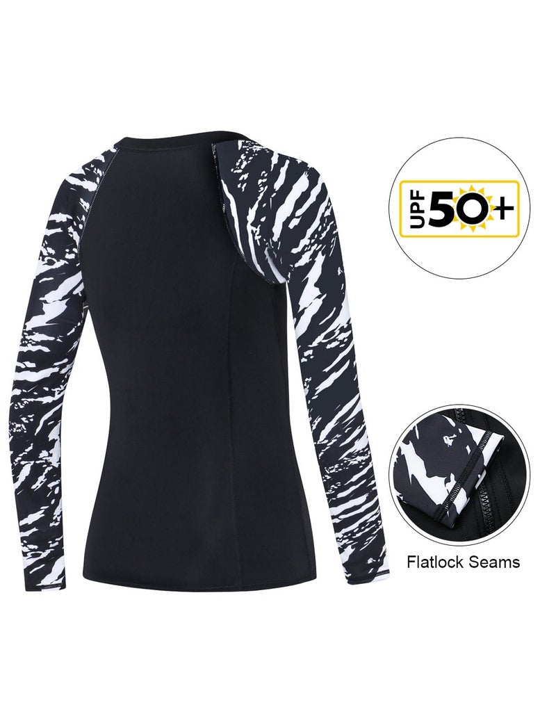 AXESEA Women Long Sleeve Swimsuits Printed Zip Front Rash Guard UV Sun Protective Surfing Shirts, Black2, US 6 - Image 5