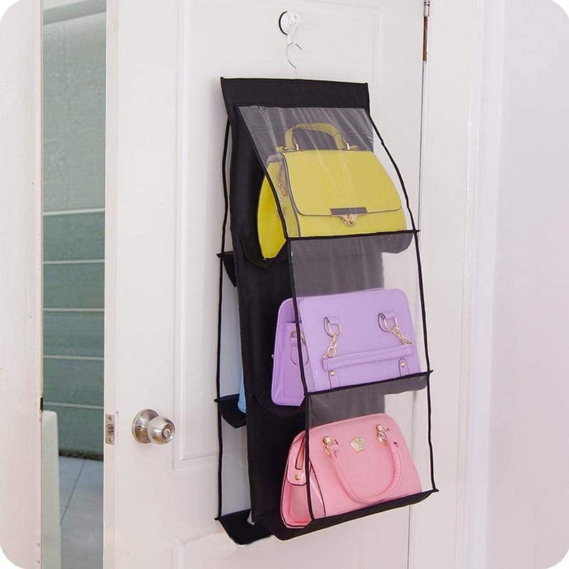 Raiyaraj Hanging Handbag Organizer Dust Proof Storage Holder 6 Pocket Foldable Hanging Purse Handbag Organizer for Storage Ladies Women Large Clear Hand Bag Storage Organizer - Image 2