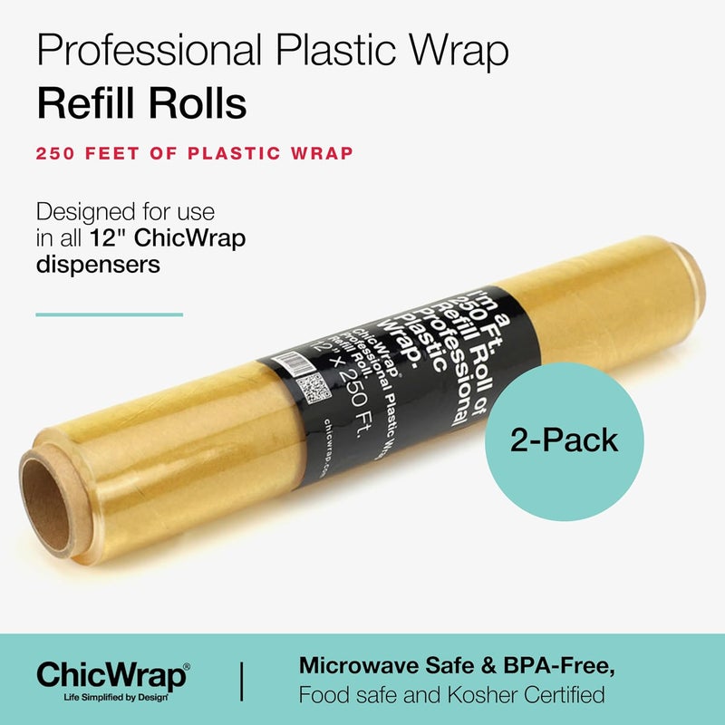 ChicWrap Professional Plastic Wrap Refill Rolls - 2 Pack, 12" x 250' BPA-Free Clear Wrap - Microwave Safe, Air-Tight Seal for Food Preservation - Ideal for Dispensers, Food Storage & Wrapping - Image 1
