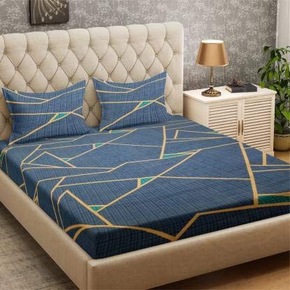 TIB Geometrical Polycotton Cotton Feel Elastic Fitted King Size Bedsheet with 2 Pillow Covers (Double, Blue3) - Image 4