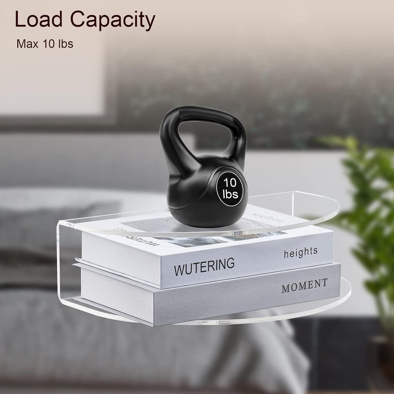 HMYHUM Acrylic Floating Nightstand Set of 2, Wall Mounted Bedside Table for Bedroom, Hanging, 10 lbs Load, Oval, 14" L x 8"W x 4" H, Clear - Image 3
