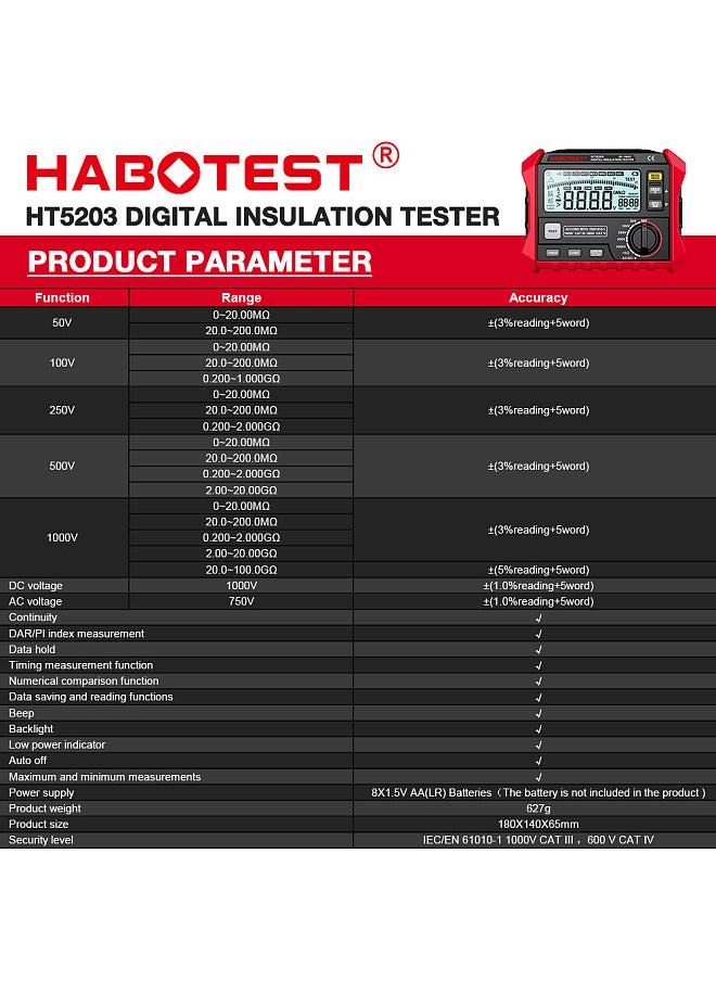 HABOTEST Insulation Resistance Tester Electrical Megger Insulation Resistance Tester Digital High-Precision Resistance Meter  - Image 3