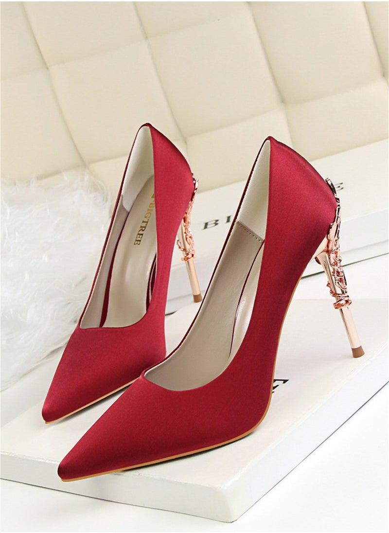 BIGTREE 10cm Stylish Metal Pumps With Slim Heels High heels Shallow-Cut Pointed Satin Pumps Red  - Image 1
