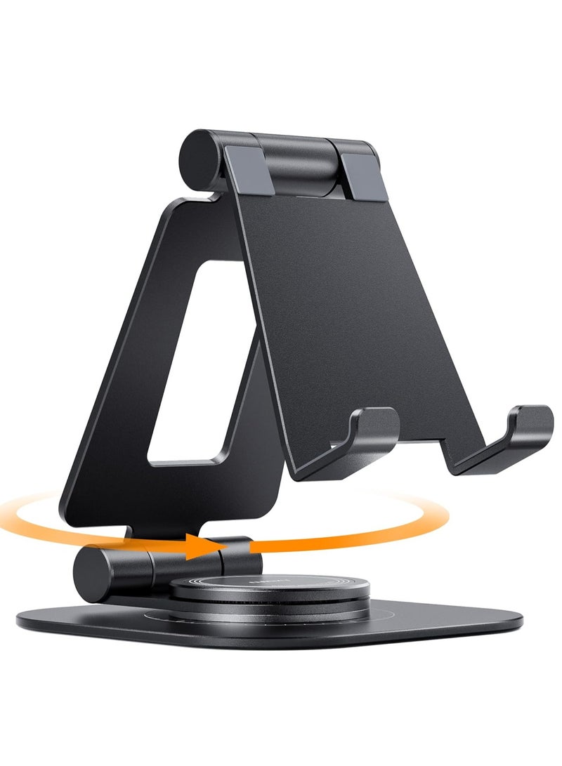 KASTWAVE 360 Rotating Cell Phone Stand, Fully Adjustable Foldable Desktop Phone Holder Cradle Dock, Cradle, Holder, Aluminum Desktop Stand, Thick Case Friendly, Compatible with All Phones, Black - Image 1
