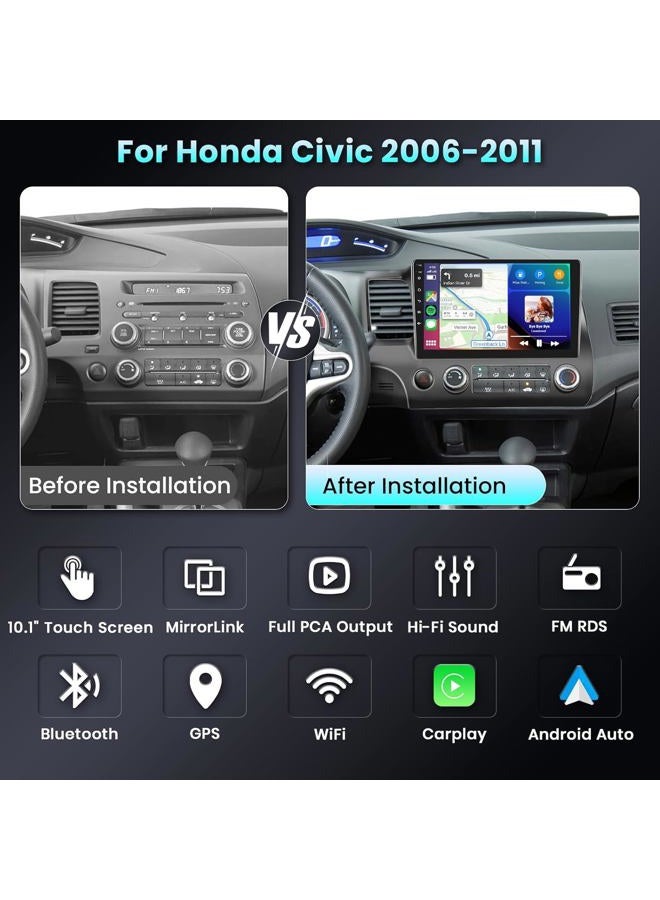 Podofo DSP Car Stereo Radio for Honda Civic 2006-2011 with Wireless Carplay Android Auto MirrorLink,Podofo 10.1 inch HD IPS Touch Screen Built-in GPS 26UIs 5.0Bluetooth Car Radio WiFi AHD Backup Camera Mic - Image 2