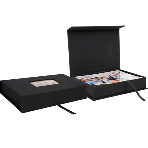 Hiwhy Linen Photo Storage Box, 5 x 7 Inch Memory Keepsake Organizer with Transparent Window, Stylish Photo Box for Storing Pictures, Keepsakes, Postcards, Scrapbooking Supplies, Black - Image 1