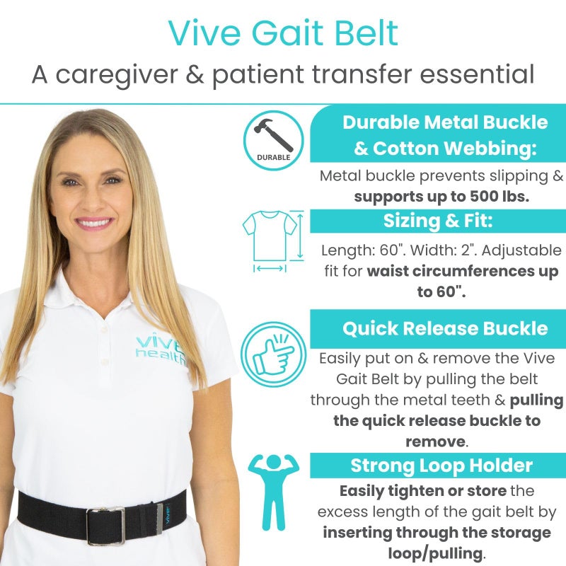 Vive Gait Belt (60 Inch) - Transfer Assist Device for Caregiver, Nurse, Therapist, Seniors, Elderly, Bariatric, Occupational and Physical Therapy - Medical Nursing Safety - Walking & Standing Aid - Image 2