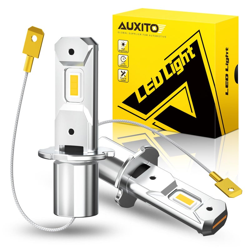 AUXITO H3 LED Bulb Yellow 3000K 16000LM 600 Super Brighter 10 Years Lifespan 11 Size PlugnPlay 100 Perfect Installation H3 LED Fog Lighr Bulb for Fog Lamp DRL Canbus Ready Pack of 2