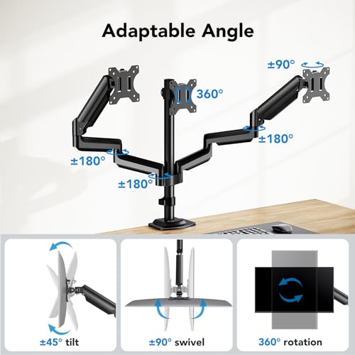 HUANUO Triple Monitor Mount for 13-27 inch Computer Screens, 3 Monitor Desk Mount with Arm Holds 17.6lbs, Triple Monitors Stand with Tilt, Swivel, Rotation, VESA 75x75, 100x100mm - Image 4