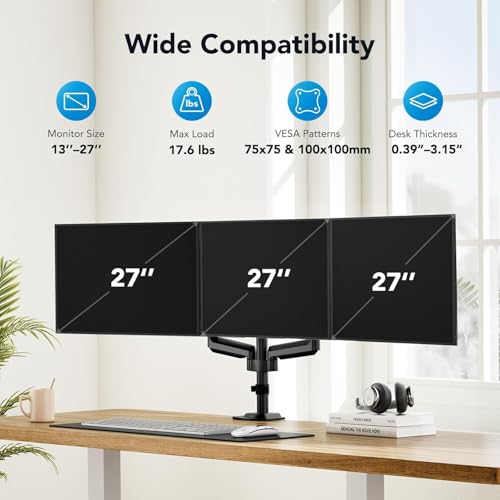 HUANUO Triple Monitor Mount for 13-27 inch Computer Screens, 3 Monitor Desk Mount with Arm Holds 17.6lbs, Triple Monitors Stand with Tilt, Swivel, Rotation, VESA 75x75, 100x100mm - Image 2