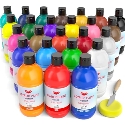 Smallbudi 25 Colors Large Acrylic Paint Set (16.9 oz,500 ml), Bulk Acrylic Paint Non-Toxic Art Painting Supplies on Multi Surface Pumpkin Canvas Wood Craft Fabric Rock for Artist Kids with Color Wheel - Image 1