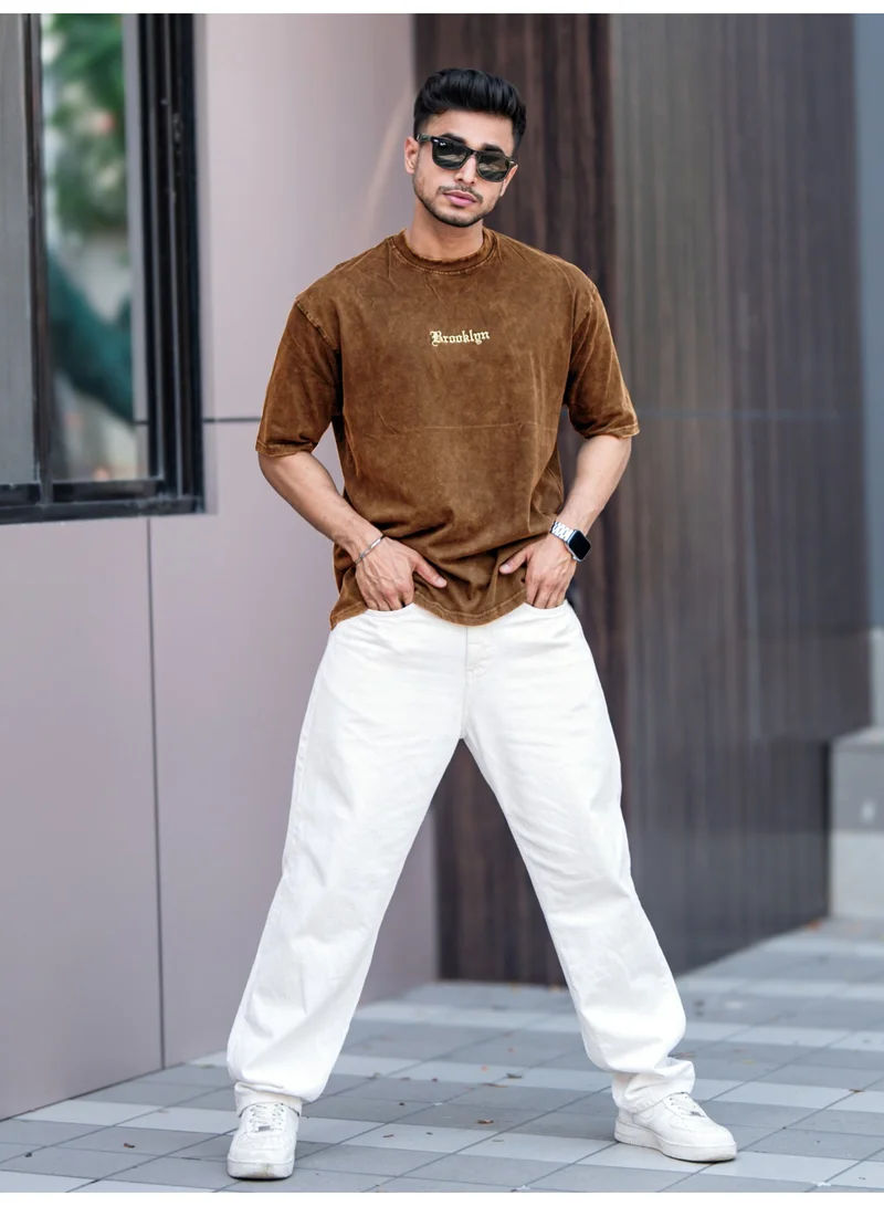 Maniac Maniac Mens Acid Wash Printed Brooklyn Round Neck 3/4th Sleeve Brown Cotton T-Shirt