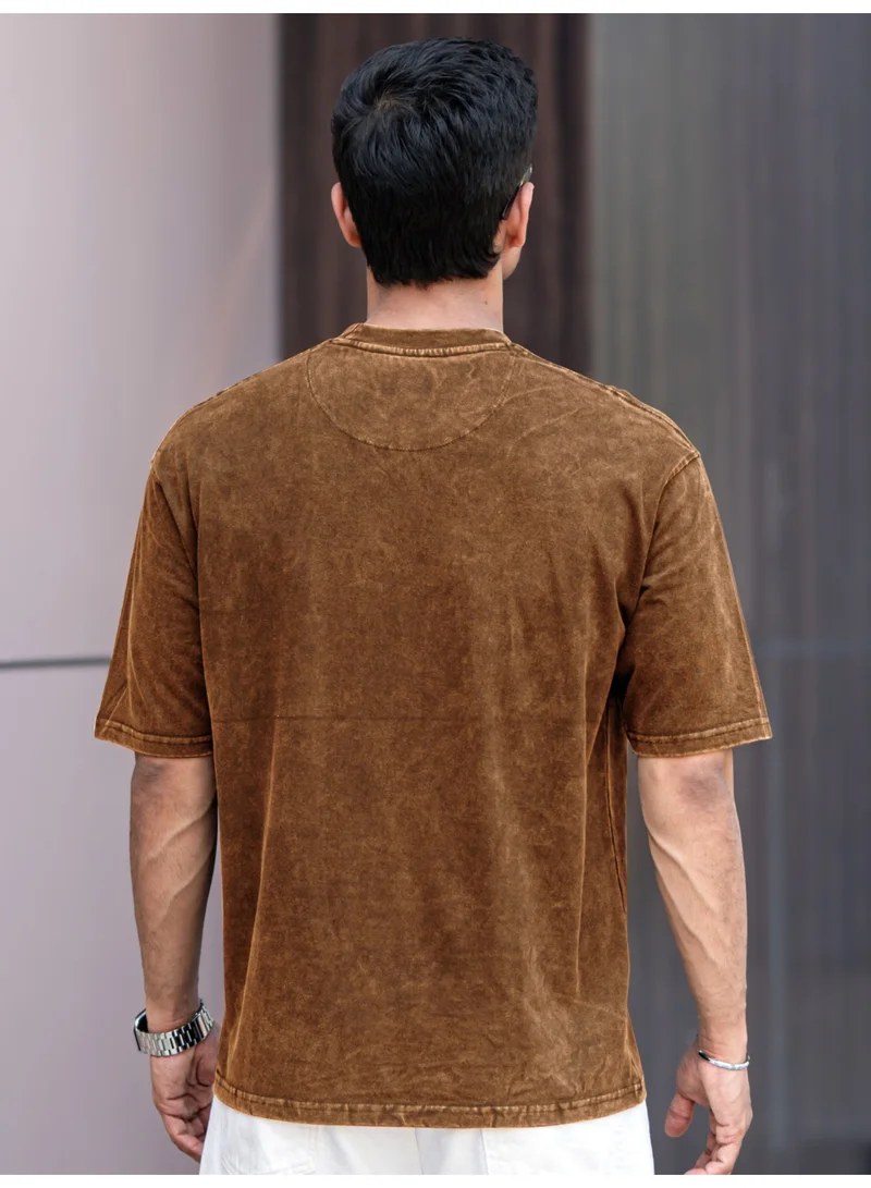 Maniac Maniac Mens Acid Wash Printed Brooklyn Round Neck 3/4th Sleeve Brown Cotton T-Shirt