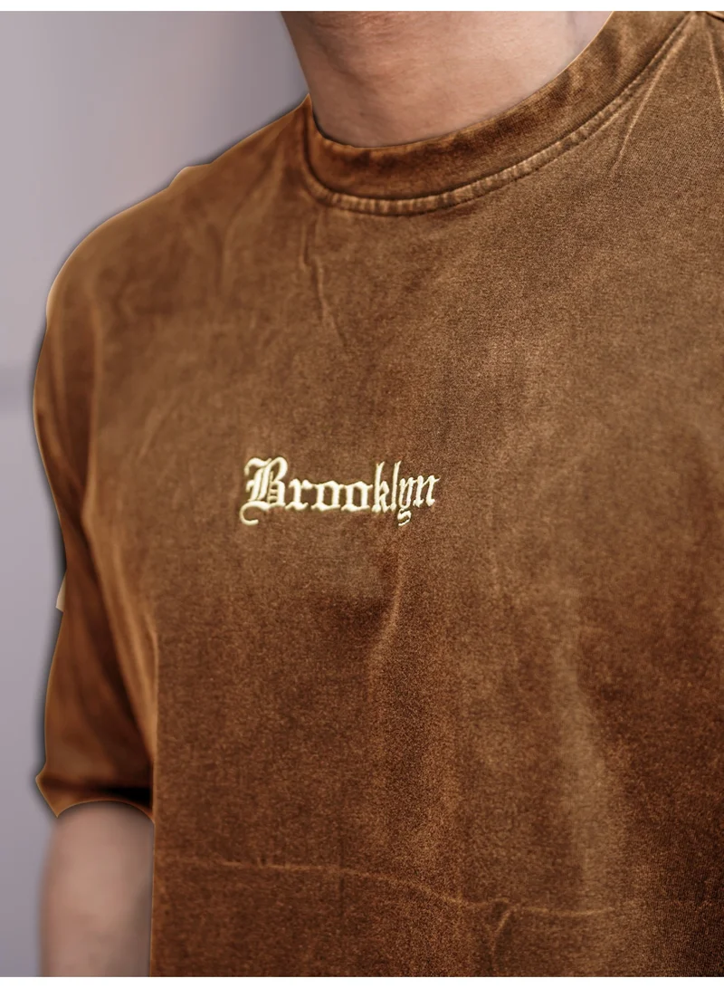 Maniac Maniac Mens Acid Wash Printed Brooklyn Round Neck 3/4th Sleeve Brown Cotton T-Shirt