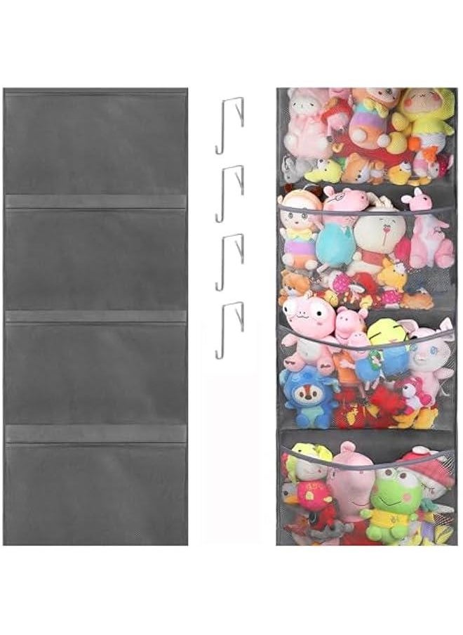 HOOKOR Hanging Stuffed Animals Storage Over Door Organizer for Toy Storage with 4 Mesh Pockets Over Door Stuffed Animal Storage Organizer Kids Large Toy Organizer Foldable Stuffed Animals Bag (29-02) 