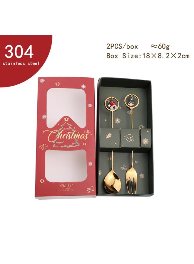 Q Christmas Spoon Suit Christmas Gift Tableware Two-piece Dessert Spoon Fork Santa Elk Doll Spoon 