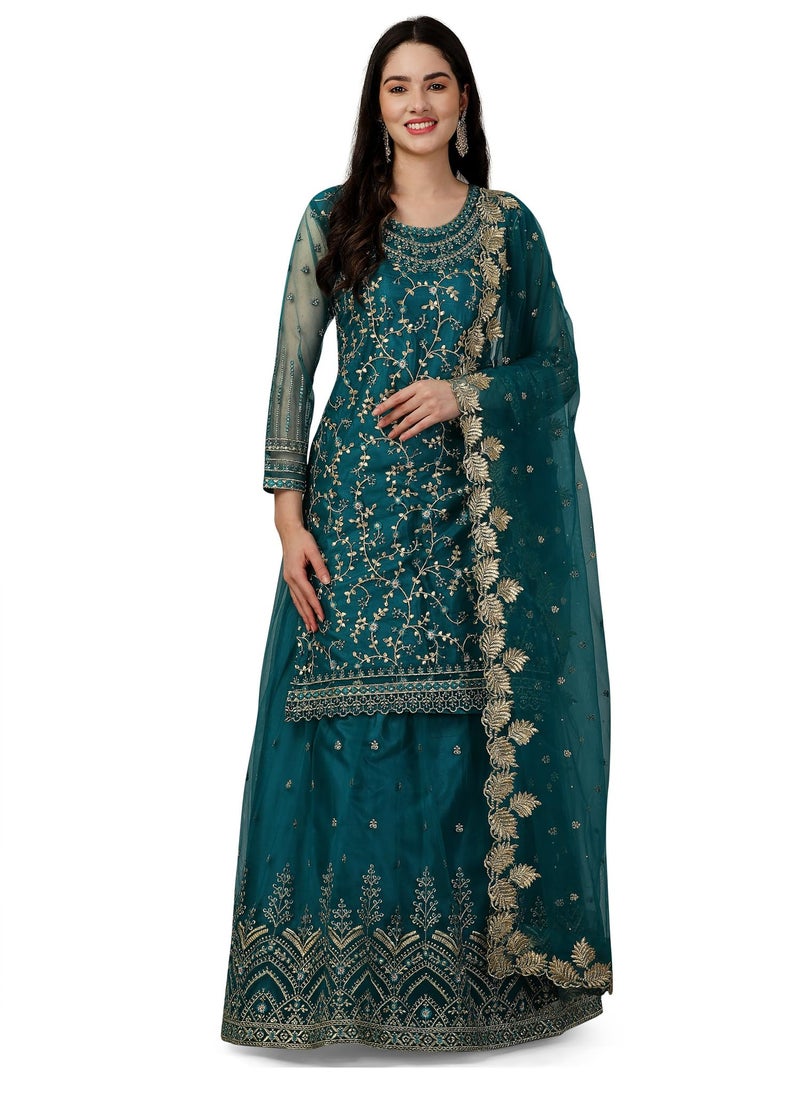 TRENDMALLS Women's Mono Net Kurta Lehenga Suit Set (TM.G112-Morpeach-S) Teal Blue - Image 1