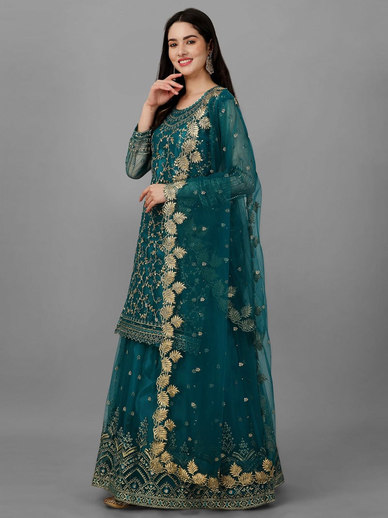 TRENDMALLS Women's Mono Net Kurta Lehenga Suit Set (TM.G112-Morpeach-S) Teal Blue - Image 4