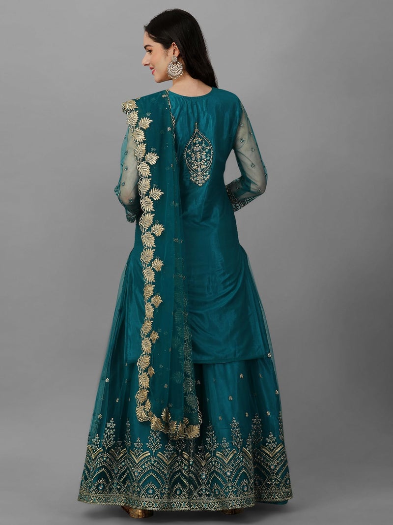 TRENDMALLS Women's Mono Net Kurta Lehenga Suit Set (TM.G112-Morpeach-S) Teal Blue - Image 2