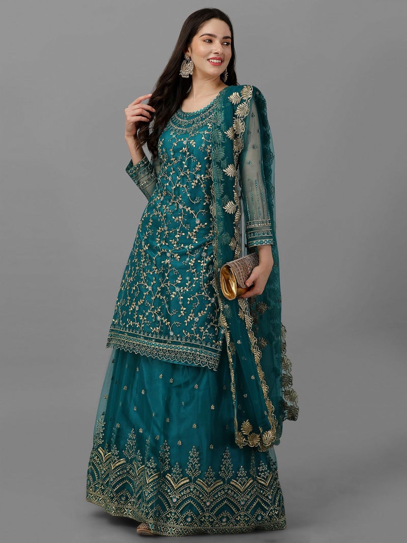 TRENDMALLS Women's Mono Net Kurta Lehenga Suit Set (TM.G112-Morpeach-S) Teal Blue - Image 3