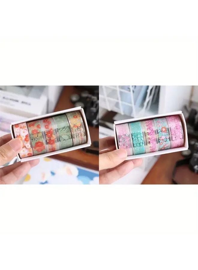 Pink Series 10 Rolls Floral Waterproof Tape with Flower Stickers for Diaries Notebooks - Image 1