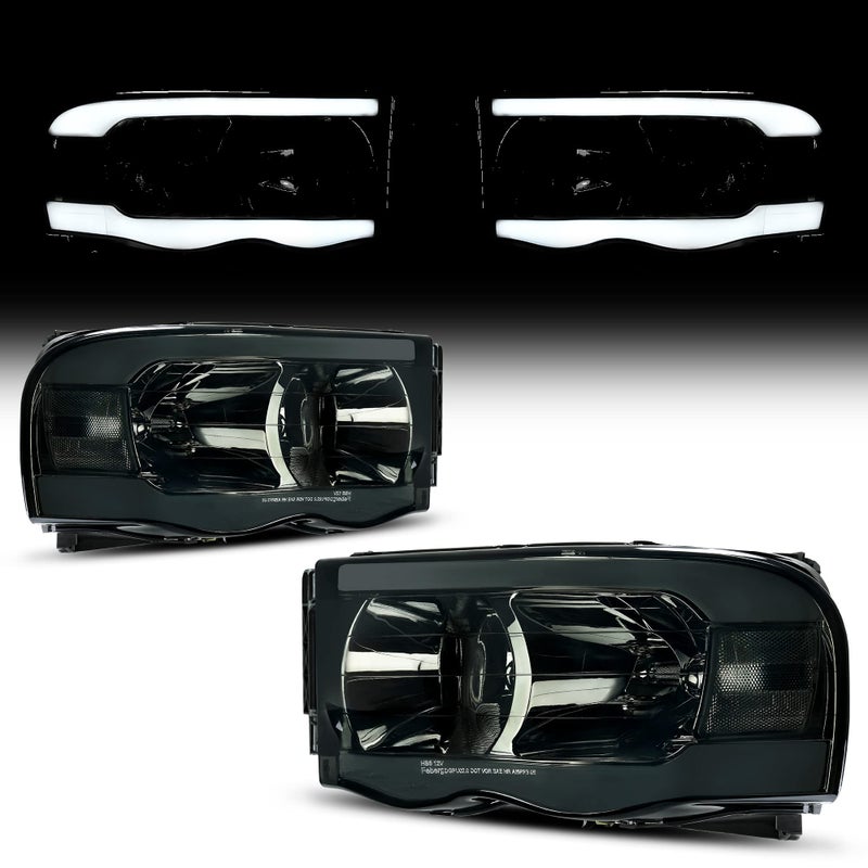 oEdRo LED DRL Headlights Headlamps Compatible with 20022005 Dodge Ram 150003 04 05 Dodge Ram 2500 3500 Pickup Smoke Lens