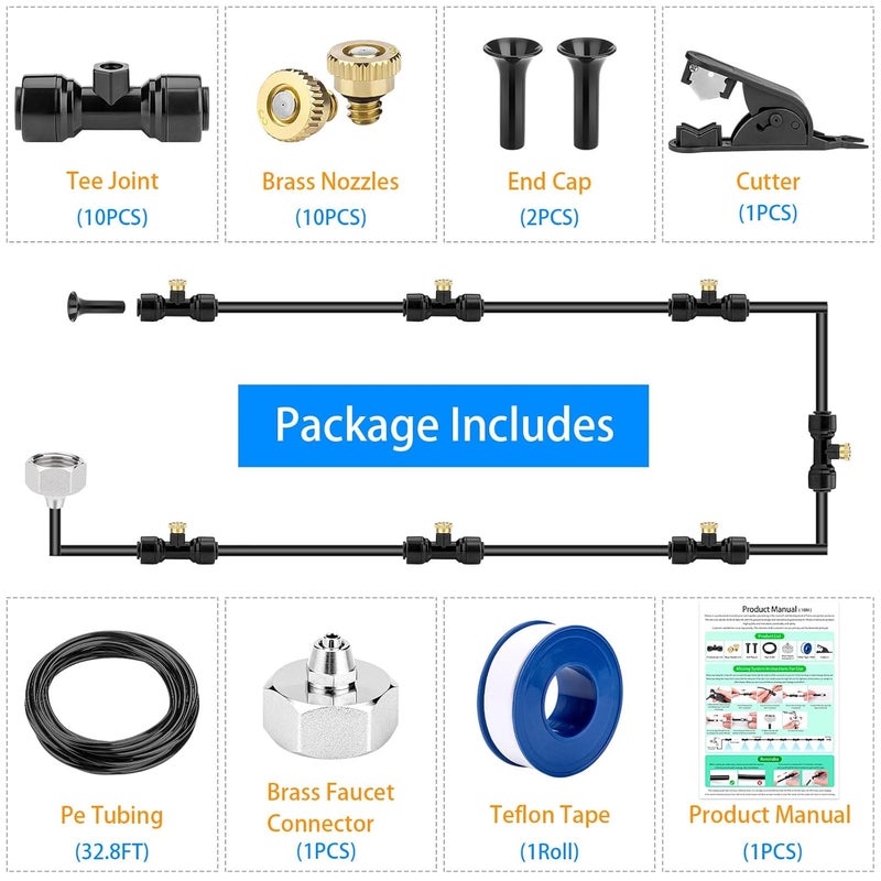 Petutu Misting Cooling System 32.8ft(10M) Misting Line + 10 Brass Mist Nozzles + a Faucet Connector (3/4") Fan Misting Kit Outdoor Mister for Patio Garden Greenhouse Trampoline for waterpark - Image 5