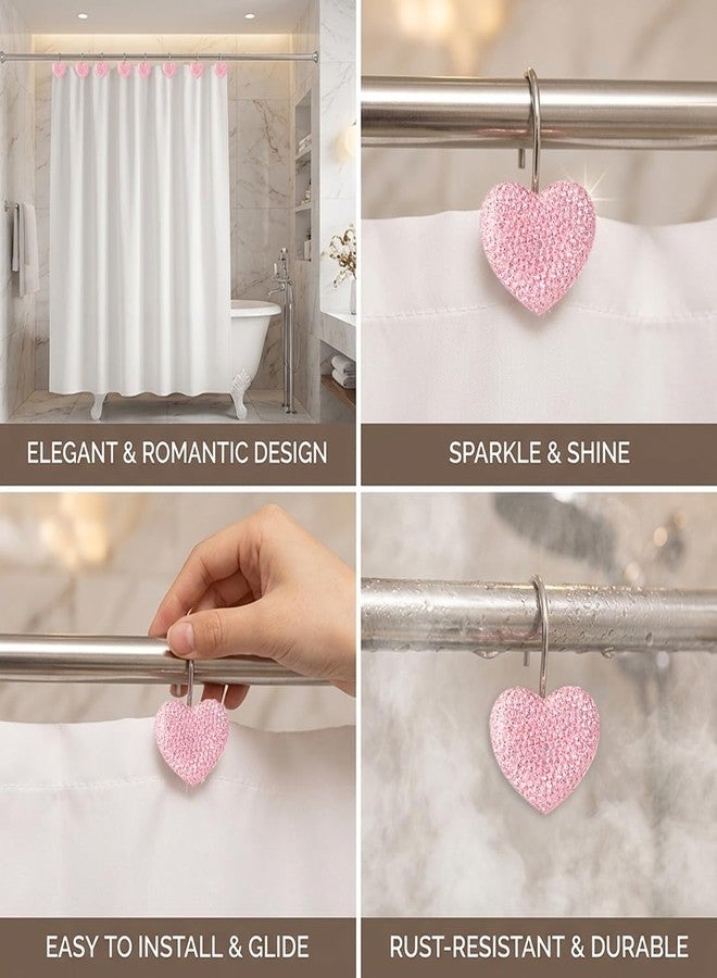 Auconda Pink Heart Shower Curtain Hooks Cute Sparkly Crystal Rhinestone Valentine's Day Shower Curtain Rings Decorative Rhinestones Holder Bling for or Mother Daughter Sister Girl Friends Bathroom Accessories - Image 4