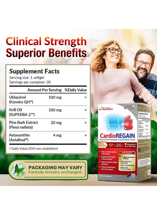 LABO Nutrition - LABO Nutrition CardioREGAIN, Ubiquinol CoQ10 with Kaneka QH 100mg, Pine Bark Extract, Astaxanthin, Heart Health & Cellular Energy. Up to 25x Higher Absorption with Smart Liposomal Delivery, Soy Free - Image 1