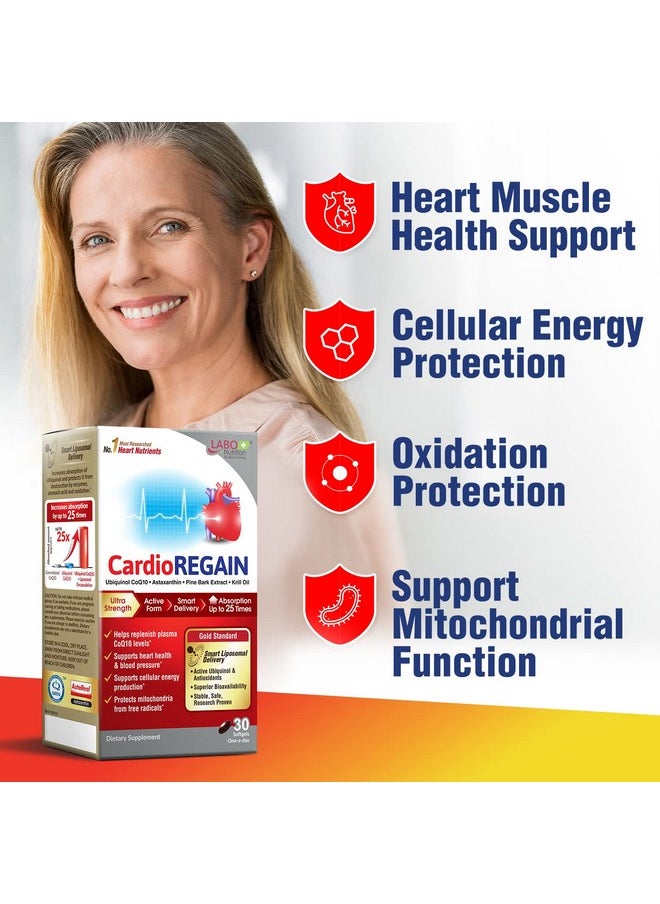 LABO Nutrition - LABO Nutrition CardioREGAIN, Ubiquinol CoQ10 with Kaneka QH 100mg, Pine Bark Extract, Astaxanthin, Heart Health & Cellular Energy. Up to 25x Higher Absorption with Smart Liposomal Delivery, Soy Free - Image 1